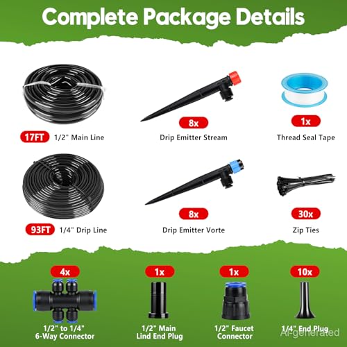 110FT Drip Irrigation System Kit, Automatic Garden Watering System - size: 17FT Main tube+ 93FT 1/4'' tube