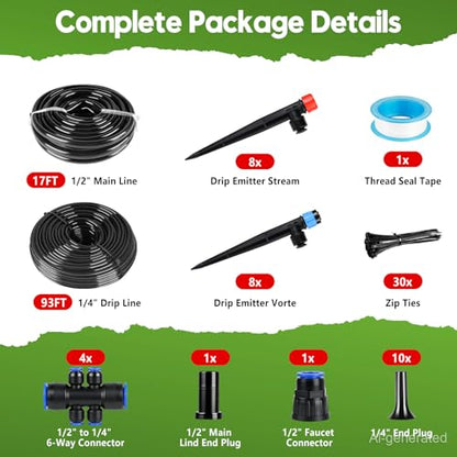 110FT Drip Irrigation System Kit, Automatic Garden Watering System - size: 17FT Main tube+ 93FT 1/4'' tube