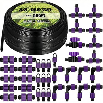 Tondiamo 500' 5/8 Inch Drip Tape Irrigation Tubing Kit 16 Mil 6" Spacing Garden Hose Watering Tube Line Automatic Equipment for Garden Irrigation System Farms, Landscape, Lawn - size: 500', 16 Mil