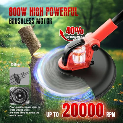20000 RPM Electric Weed Wacker with Wheel,12″ Brushless Cordless Weed Eater Battery Powered, 4-in-1 Brush Cutter/String Trimmer/Grass Trimmer/Lawn Mower,Edger Stringless Weed Trimmer,5 Blade,2 Battery