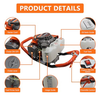 72CC Post Hole Digger Gas Powered, 2 Stroke Auger with 6" & 8" Bits - color: Orange 72cc+2 Auger(6"/8")