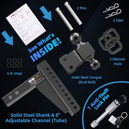 Adjustable Trailer Hitch -Drop Hitch Fit 2" Receiver - 8" Drop/Rise - size: 8 Inch Drop Hitch