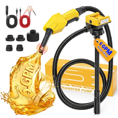 DIYtoolifz 6 GPM Cordless Fuel Transfer Pump Compatible with Dewalt 20V | Battery Powered Gas Pump Compatible with Milwaukee 18V, Auto-Stop & Hand Nozzle, 78 Inch Hose & 5 Adapters, Tool Only - color: Lemon