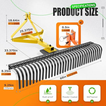 KUAFU 60-Inch 3-Point Landscape Rake Compatible with Category 1 - style: Yellow