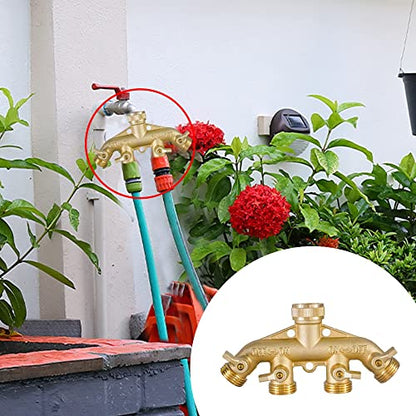 Hourleey Brass Garden Hose Splitter (4 Way), Solid Brass Hose Connector 3/4", Hose Spigot Adapter 4 Valves with 4 Extra Rubber Washers - size: 1 Pack - 4 Way