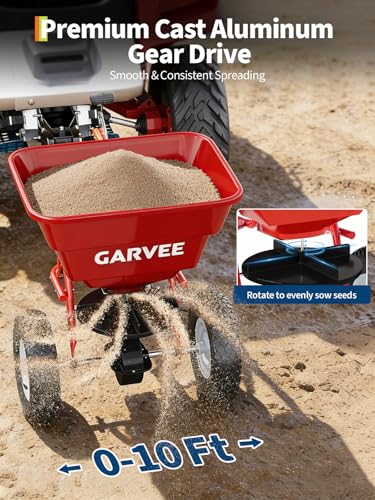 TrailBlaze 85 lbs Tow-Behind Broadcast Spreader for Lawn & Farm – 10" Pneumatic Tires – Adjustable Stream Control – Red Steel Bucket & Frame – Ideal for Fertilizer, Seed, Salt, Ice Melt