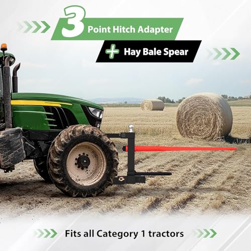 Wutist 3 Point 47" Hay Spear Gooseneck Drawbar Trailer Hitch Fit for All Category 1 Tractors 3000lbs W/ 2 Stabilizers Ball Hay Quick Hitch Attachment Black Steel Powder Coated