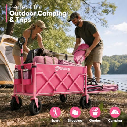 Sekey Collapsible Wagon Cart with Drop-Down Tailgate, 300 lb Capacity - color: Pink