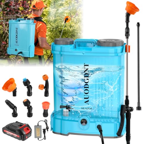 Battery Powered Backpack Sprayer 4 Gallon with Auto-Mixing System, 2 Spray Wands, Compatible with Makita 21V Battery, 100 PSI Electric Sprayer with 21V 2.6Ah Battery & 6 Nozzles, for Weeding, Spraying - size: 4 Gallon
