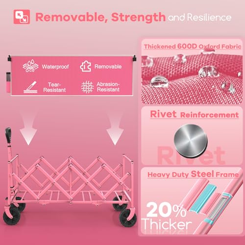 HIKEMOON 34'' Extra Long Folding Portable Wagon Cart, 120L 360LBS Pink - color: Pink