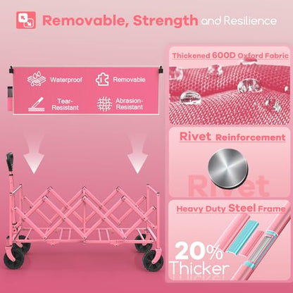 HIKEMOON 34'' Extra Long Folding Portable Wagon Cart, 120L 360LBS Pink - color: Pink