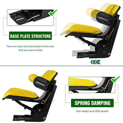 Yellow Universal Adjustable Tractor Suspension Seat for John Deere 1020, 1530, 2020, 2030, 2040, 2155, 2130, 2140, 3040, 3140, 3030, 920，930，830, 548D, 648D, TY24763 Shock Absorbing Alloy Steel PVC