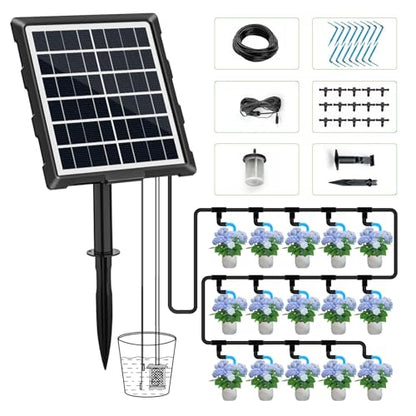 Solar Automatic Drip Irrigation Kit System, 50FT Solar Powered Auto Easy DIY Watering Device Supported Pots Plants, 6 Timing Modes with Anti-Siphoning Device