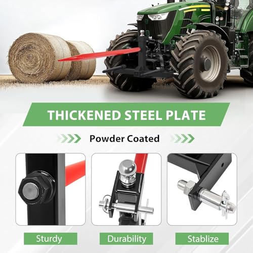 Wutist 3 Point 47" Hay Spear Gooseneck Drawbar Trailer Hitch Fit for All Category 1 Tractors 3000lbs W/ 2 Stabilizers Ball Hay Quick Hitch Attachment Black Steel Powder Coated