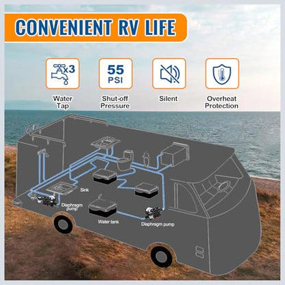 YOUNGTREE 12V RV Water Pump 3.5GPM 55PSI On Demand Fresh Water Pressure Diaphragm Pump 12 Volt Self Priming with Pressure Switch for RV Camper Marine Sprayer Outdoor Shower Kitchen Garden - color: Black2