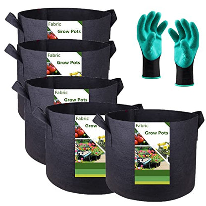 5-Pack 5 Gallon Thickened Plant Grow Bags (12x10 inch) Fabric Plant Pots for Flower Pot,Potato Tomato Planters,Herbs Veggies Planter Bag,Garden Pot,Barrel Planter,Plant Container with Gardening Gloves - size: 5 Gallon (12x10 inches)