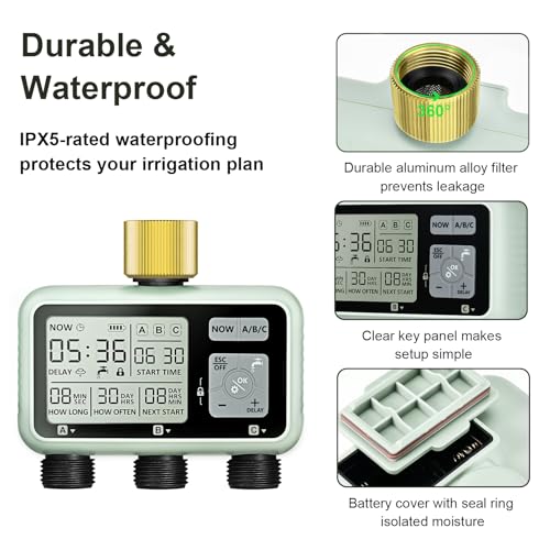 Watering Timer 3 Zone with Brass Inlet, Sprinkler Timer, Programmable Garden Outdoor Hose Faucet Timers with Rain Delay, Auto & Manual Watering System,Water Hose Irrigation Timers 3 Outlet for Garden - style: 3 Outlets with Brass Inlet