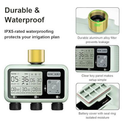 Watering Timer 3 Zone with Brass Inlet, Sprinkler Timer, Programmable Garden Outdoor Hose Faucet Timers with Rain Delay, Auto & Manual Watering System,Water Hose Irrigation Timers 3 Outlet for Garden - style: 3 Outlets with Brass Inlet