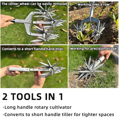 Rotary Cultivator, Hand Tiller Garden Tool with Sturdy Metal Tines