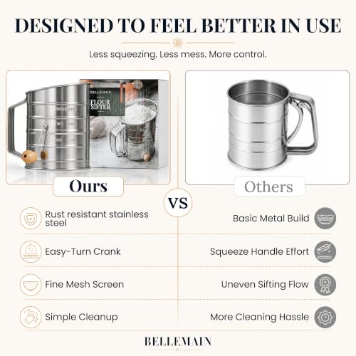 Bellemain Stainless Steel Flour Sifter for Baking with Hand Crank - 3 Cup - size: 3 Cup