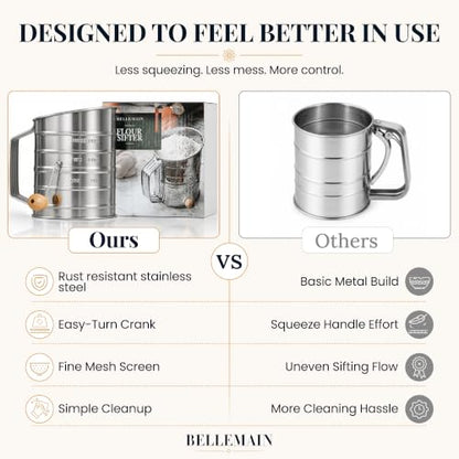 Bellemain Stainless Steel Flour Sifter for Baking with Hand Crank - 3 Cup - size: 3 Cup