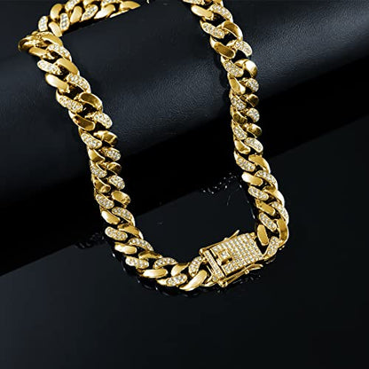 JUNVirtuous Cuban Link Chain Mens Iced Out Miami Cuban Necklace Silver/Gold Bling Diamond Hip Hop Jewelry for Women - color: 18 inch Gold Necklace Style 2