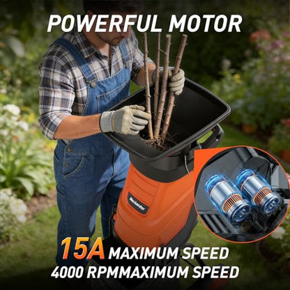 MAXLANDER 15-Amp Electric Wood Chipper Shredder, 1.75" Cutting Capacity - color: Dark orange