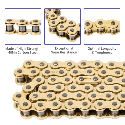 420 Gold Motorcycle Chain Kit, 132 Links with Chain Breaker and 10 Connecting Master Links, Heavy Duty Chain for 50cc-125cc Dirt Bike, Go Kart, ATV, Quad, Scooter, Mini Bike, CT200U and M200 - size: 132 Links, style: #420 Gold Chain