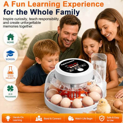 Upgraded Egg Incubator for Hatching Eggs, 12 Egg Capacity with Automatic Egg Turner, Temperature & Humidity Control, LED Egg Candler, Chick Incubator for Chicken, Duck & Quail Eggs