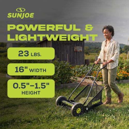Sun Joe Manual Push Reel Lawn Mower with 6.6-Gal Grass Catcher, 16-Inch Cutting Width - Heavy-Duty Yard Trimmer Machine for Gardening Care and Maintenance, MJ500M - size: 16 in