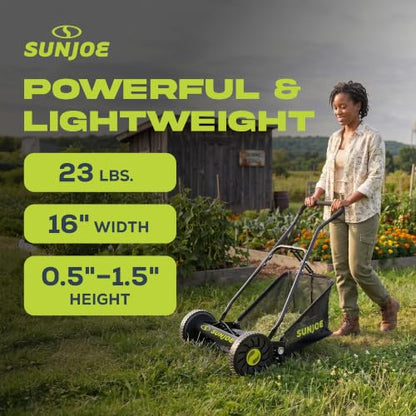 Sun Joe Manual Push Reel Lawn Mower with 6.6-Gal Grass Catcher, 16-Inch Cutting Width - Heavy-Duty Yard Trimmer Machine for Gardening Care and Maintenance, MJ500M - size: 16 in