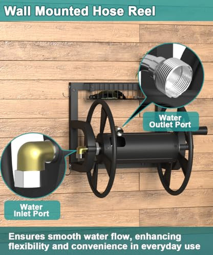 Artigarden Outdoor Wall Mounted Hose Reel with Hook, Garden Heavy-Duty Water Holder Winder with 3.9 ft Leader Hoses, Brass Fitting and Storage Basket for Yard, Holds 125 Ft of 5/8-Inch Hose, Black - color: Black