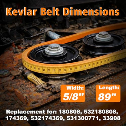 180808 Craftsman Mower Deck Belt Replace for 48" Deck, Premium Aramid Cord Replaces 532180808, 174369, 532174369, 5/8" x 89" Heavy-Duty Orange Kevlar Belt - size: 89"L x 0.63"W