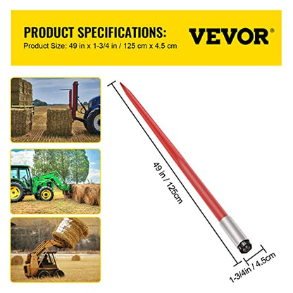 Mophorn Hay Spear 49" Bale Spear 4500 lbs Capacity, Bale Spike Quick Attach Square Hay Bale Spears 1 3/4" wide, Red Coated Bale Forks, Bale Hay Spike with Hex Nut & Sleeve for Buckets Tractors Loaders - size: 49"
