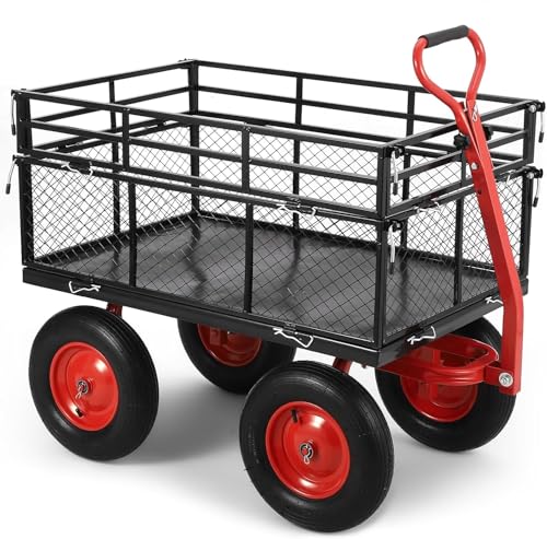 Heavy Duty Garden Utility Cart for Yard Lawn Farm - 880 Lbs Capacity Steel Construction with 10" Off-Road Tires & Removable Mesh Sides, 180° Rotating Handle - All Terrain Outdoor Hauler