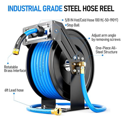 SPECILITE Retractable Garden Hose Reel with 5/8" 100ft Hot/Cold Water Pipe - color: Blue, size: 5/8'' 100 FT
