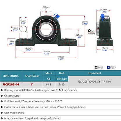 XIKE 2 Pcs UCP205-16 Bore 1" Pillow Block Mounted Ball Bearings. - size: UCP205-16 Bore 1"
