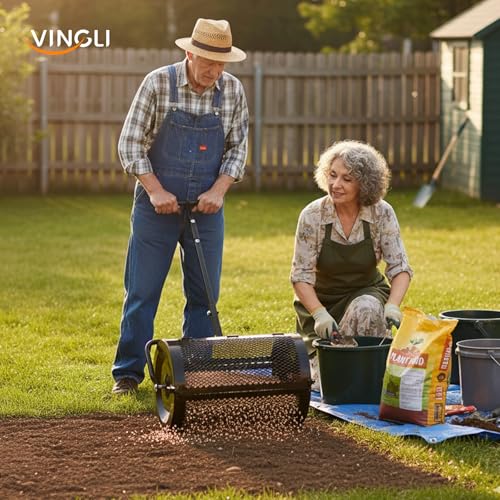 VINGLI Compost Spreader, 30 inch Peat Moss Spreader with Height Adjustable Handle, T Shaped Handle Peat Moss Roller, Seed Spreader for Lawn Backyard Outdoor (30"-Black) - size: 30"-Black