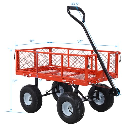 Steel Garden Cart, 550 lbs Capacity Heavy Duty Garden Wagons with Removable Steel Mesh, Sides to Convert Into Flatbed, Folding Utility Heavy Duty Wagons Carts for Yard, Garden, Farm,Red