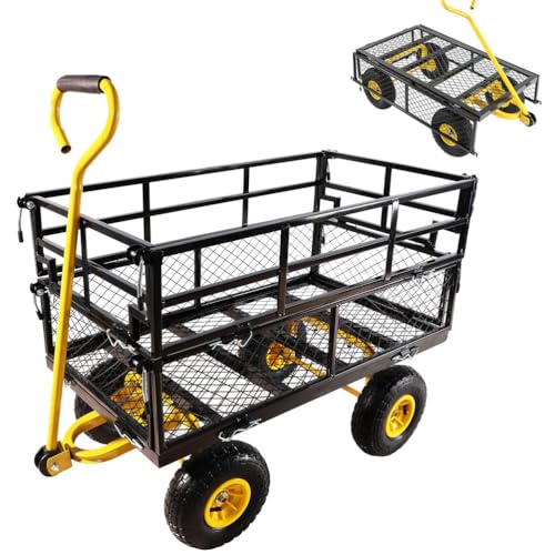800 LB Heavy Duty Garden Cart Wagon, Steel Utility Yard Cart with 10" Pneumatic Tires, Removable Mesh Sides Converts to Flatbed, 180° Rotating Handle, Outdoor Wagon for Yard, Farm, Firewood