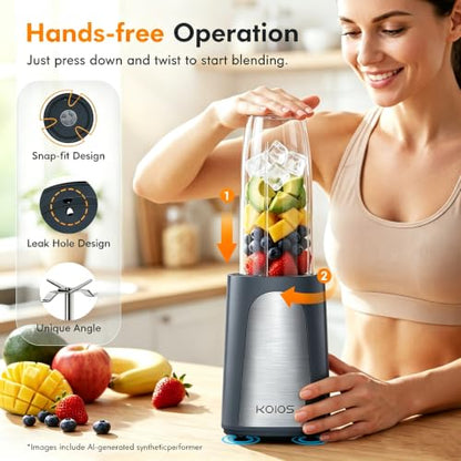KOIOS 1000W Smoothie Blender, 15-in-1 Single Serve Set, Press-Twist Design - color: Grey