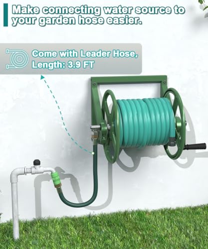 Artigarden Garden Hose Reel Wall Mounted, Outdoor Heavy Duty Powder Coated Metal Water Hoses Holder Winder Holds 125 ft 5/8" Hoses with 3.9ft Leader Hose, Stainless Steel Connector for Outside, Green - color: Green