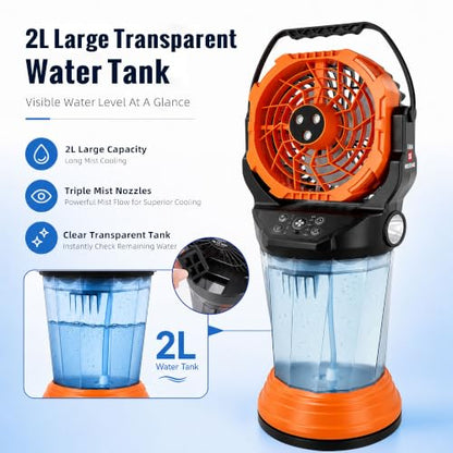 Roykaw Golf Cart Misting Fan with 2L Water Tank and 3 Mist Nozzles, 48+Hrs Long Runtime & Fast Cooling, 4 Powerful Wind Speed/LED Light, Cooling Outdoor Fan for Camping Golfing Fishing and Beach