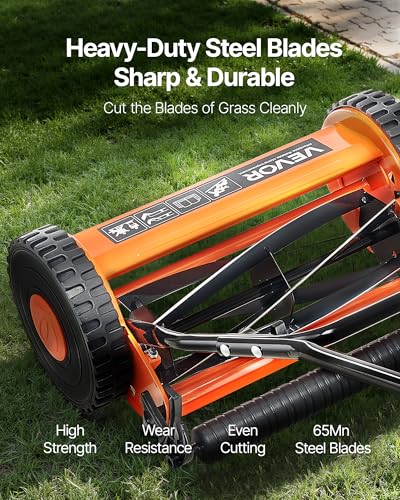 VEVOR Push Reel Lawn Mower 16 inch, 5 Blades Manual Push Mower No Motor, 0.6-1.75 in Adjustable Cutting Height, Walk-Behind Lawn Mowers with Grass Catcher Bag for Green Lawns, Driveways, Courtyards - size: 16 inch