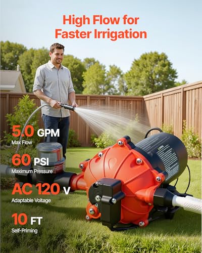 VEVOR Water Pressure Pump, 110V AC 5 GPM, 5-Chamber On Demand Electric Diaphragm Water Transfer Pump, 60 PSI Max Pressure, Automatic Pressure Switch, for Home Kitchen Garden Irrigation Car Washing - size: 10.04 × 6.10 × 5.04 in