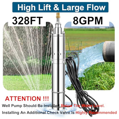 3.5" Deep Well Submersible Pump, 1HP 110V Deep Well Pump Submersible Water Pump for Industrial Irrigation and Home,33FT Power Cord, 328FT Lift, 8GPM, Screw Water Pump with Check Valve,Long Life - size: 3.5"-110V