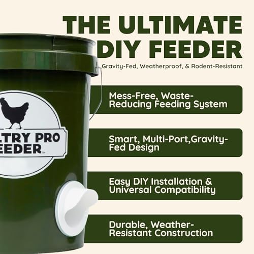 Poultry Pro DIY Chicken Feeder Port Kit - 5 Ports, Weatherproof Seals, Bushings & Hole Saw, PVC Gravity Feeder, Use for Buckets, Barrels, Bins & Troughs, No Waste Chicken Feeders (Bucket NOT Included) - style: Original Feeder 5 Pack