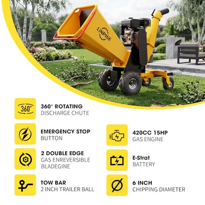 Wood Chipper 420cc 15 HP Gas Powered Engine Wood Chipper Shredder Mulcher with E-Strat 4Wheels Towbar Tail Light Emergency Stop Switch (6'' Yellow) - size: 6'' Yellow