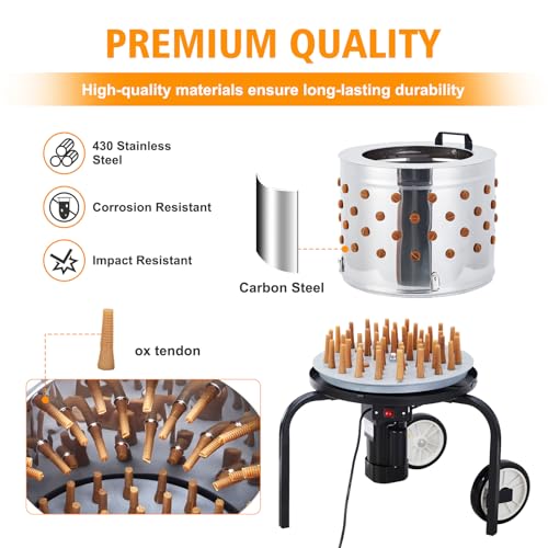 IDEALHOUSE Electric Chicken Plucker Machine – 20" Stainless Steel Drum – 550W, 280RPM – 106 Soft Rubber Fingers – GFCI Waterproof Safe, Transport Wheels – 106 Stick American Standard 120V, Black