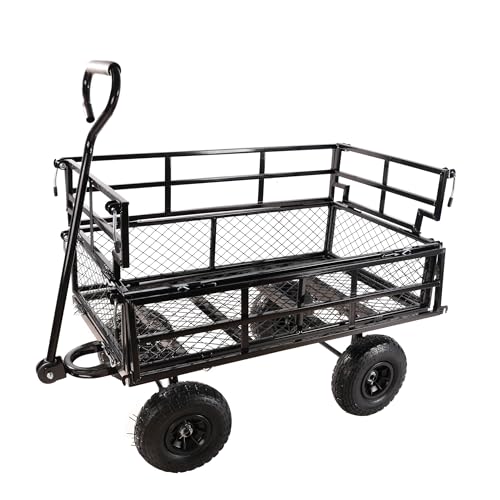 Heavy Duty Garden Wagon with Foldable Sides, Pneumatic Tires, Adjustable Handle (Black Double Layer) - color: Black Double Layer